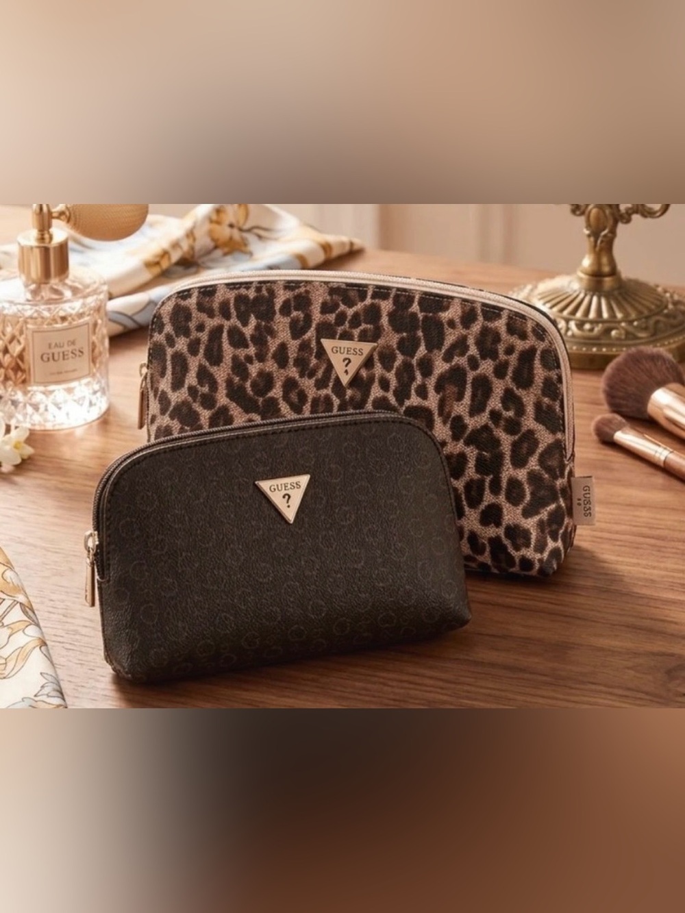 Guess Leopard and Black Logo Cosmetic Pouch Duo